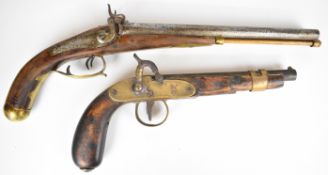 Two percussion hammer action pistols, one a double barrelled side by side howdah pistol with brass