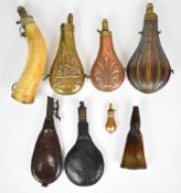 Eight various powder and shot flasks and horns including G&JW Hawksley, Sykes pistol or revolver