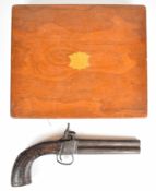 Unnamed double barrelled over and under percussion hammer action pistol with engraved locks,