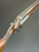 AYA 12 bore side by side shotgun with engraved lock, underside, trigger guard, top plate, thumb