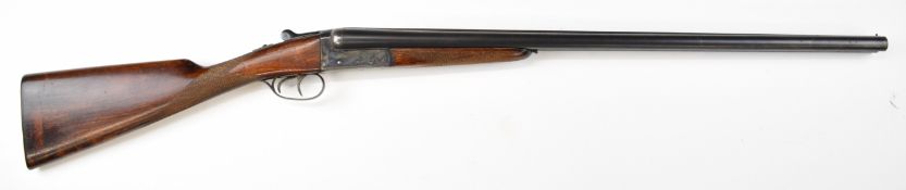 AYA Yeoman 12 bore side by side shotgun with chequered grip and forend, double trigger and named