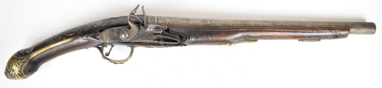 Eastern flintlock pistol with embossed brass trigger guard and butt cap, silver wire inlaid stock