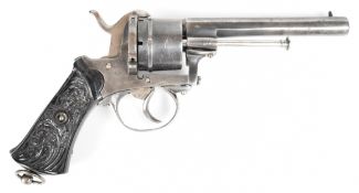 Belgian six-shot double-action pin-fire revolver with engraved frame, cylinder and trigger guard,