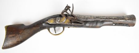 Turkish flintlock blunderbuss pistol with brass decoration to the stock, brass trigger guard and