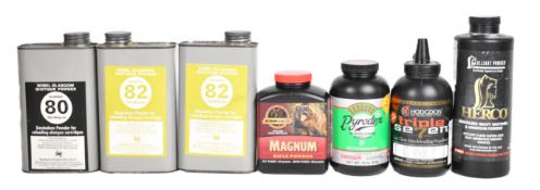 Seven tins/ tubs of shotgun and rifle re-loading powder comprising two Novel 82, Nobel 80, Alliant