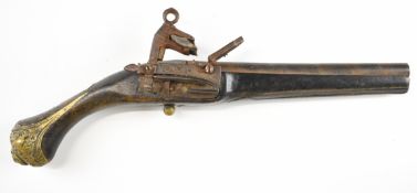 Roman type flintlock pistol with embossed brass butt cap, silver wire inlaid decoration to the lock,