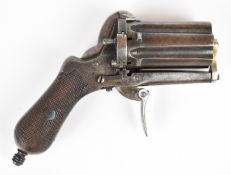 Unnamed 7mm six-shot pinfire hammer action pepperbox pistol / revolver with chequered wooden