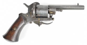 Belgian six-shot double-action pinfire revolver with shaped wooden grips, folding trigger and 3.5