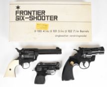 Three blank firing pistols comprising Frontier Six-Shooter six-shot revolver with faux ivory grips