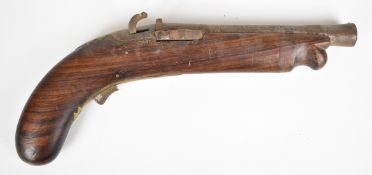 Eastern matchlock pistol with brass decoration and 7.5 inch barrel, overall length 34cm.