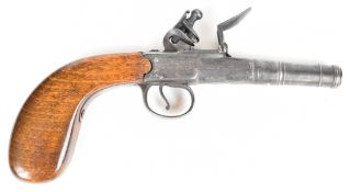Joyner of London Queen Anne flintlock pistol with named and engraved lock, shaped wooden grips and