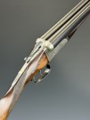 E J Churchill 12 bore side by side ejector shotgun with named and engraved locks, engraved