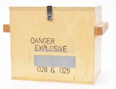A wooden black powder storage box marked 'Danger Explosives 028 & 029', 47 x 32 x 21cm.