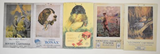 Five shotgun cartridge or powder shop display or advertising cards including Eley-Kynoch, Eley
