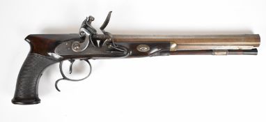 H W Mortimer & Son flintlock saw handled target pistol with named and engraved lock, engraved