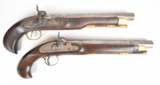 Two replica percussion hammer action pistols, one with engraved lock and hammer, brass trigger guard