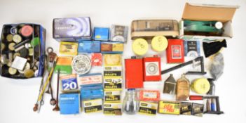 A large collection of shotgun or rifle cartridge re-loading items including primers, lead shot,