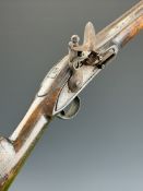 Unnamed flintlock musket with brass trigger guard, butt plate and mounts, steel ram-rod and 45