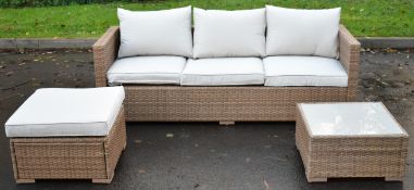 Outdoor or patio furniture set comprising three seat sofa, table and footstool, length 195cm
