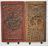 Two 18th/19thC Chinese carved wood window or door screens / panels with floral and figural