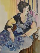 Patricia Govenzensky (Israeli, born 1961), pen and watercolour portrait of a woman in blue dress,