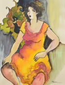 Patricia Govenzensky (Israeli, born 1961), pen and watercolour portrait of a woman in yellow and