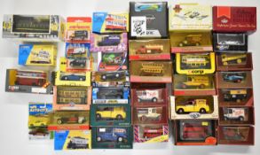Thirty eight diecast model cars, buses and trams, including Corgi, Matchbox, Saico, EFE and