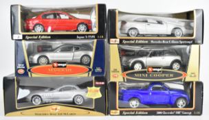Six Maisto and Bburago 1:18 scale diecast model sports cars comprising Mercedes-Benz SLR McLaren,