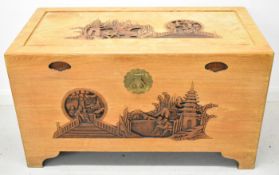 Chinese / Oriental carved elm chest with camphorwood lining, W94 x D52 x H59cm