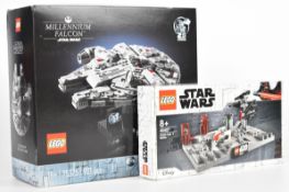 Two Lego Star Wars sets comprising Millennium Falcon 75375 and Death Star II Battle 40407, in sealed