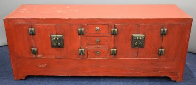 19thC Chinese jointed stained elm low sideboard with twin two door cabinets and three drawers, all