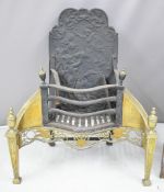 Regency brass and cast iron fire grate with figural decoration to the fireback, serpentine front,