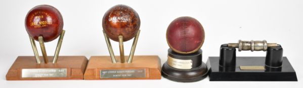 [Cricketing memorabilia] Hallmarked silver plate cricket bale on display stand, commemorating 'The