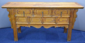 19th/20thC Chinese elm jointed kang or console table with three drawers, moulded supports and shaped