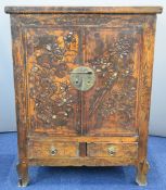19th/20thC Chinese wedding cabinet with fitted interior, relief moulded floral decoration and two