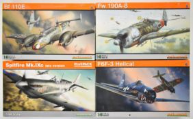 Four Eduard 1:48 scale plastic model aircraft kits comprising Spitfire Mk.IXc, F6F-3 Hellcat, Bf