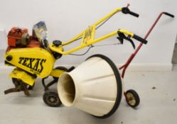 Texas TD5 petrol rotavator with 5HP Briggs and Stratton engine, and Roll a Mix concrete mixer