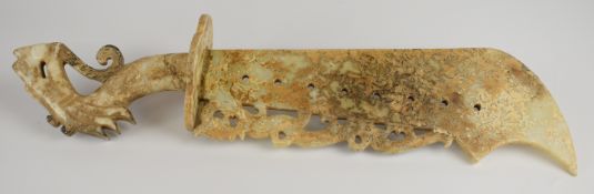 Chinese jade or similar ritual dragon knife, L42cm