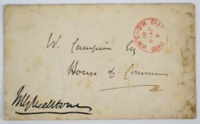 Postal history envelope signed on front William Gladstone addressed to W Campion, House of Commons