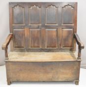 Victorian elm and oak peg jointed settle with panelled back, W137 x D66 x H148cm