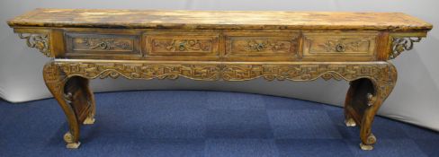 19th/20thC Chinese elm altar or console table with four straight drawers and fretwork mouldings,
