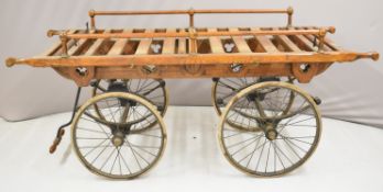 Victorian / Edwardian Arts & Crafts oak hand drawn funeral bier with three rollers, bevelled edges