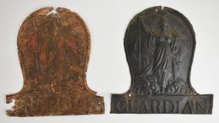 Two Guardian Fire and Life copper and iron firemarks (W57F), the tinned iron version originally