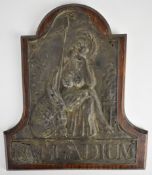 Palladium Life and Fire Assurance Society copper firemark (W72A) on wooden mount, H23cm