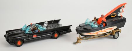 Corgi Toys diecast model Batmobile with early red hubs and Glastron Batboat with trailer, together