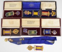 Group of seven silver and silver gilt Grand Lodge enamel ROAB medals / jewels, mostly hallmarked,