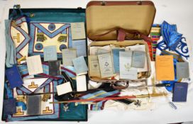 Collection of Masonic regalia to include several aprons with gilt metal decorations, breast jewels