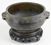 Chinese bronze censer on stand with seal mark to base, H6 x diameter 11cm