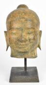 Hollow bronze bust of Buddha, on stand, H24cm