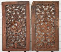A pair of 18th/19thC carved wood window or door screens / panels with figural cartouches and